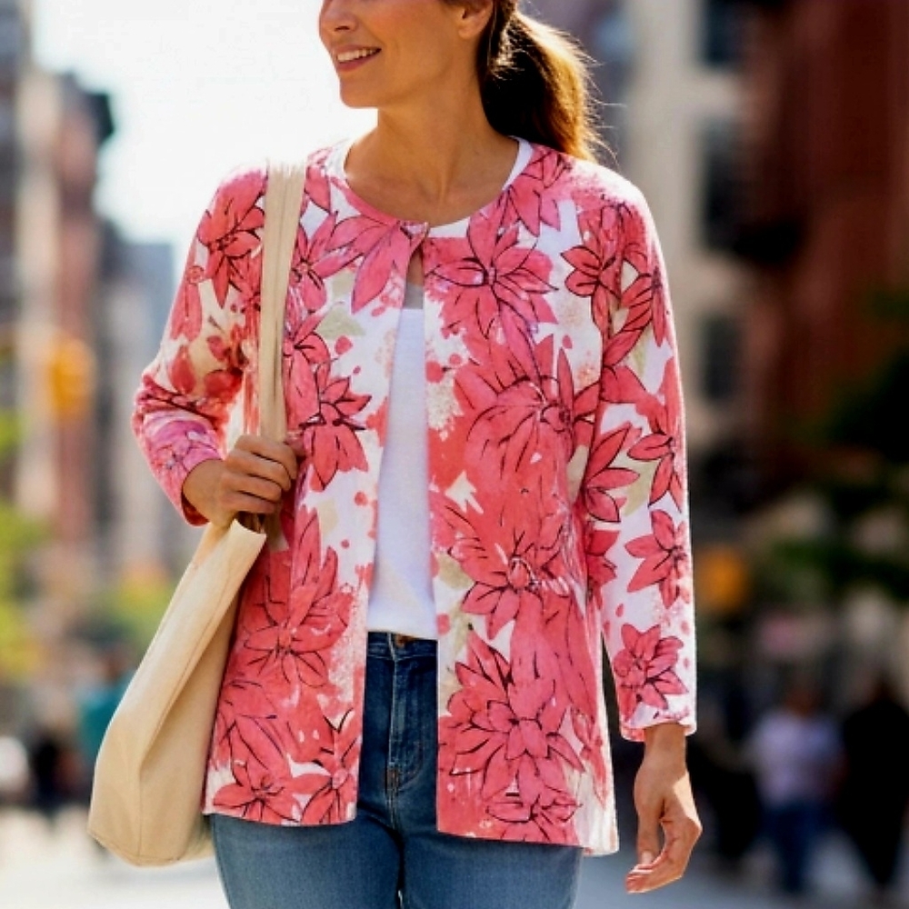 Lovely Springtime Charter Club Floral Light Weight Cardigan Sweater Coral Pink